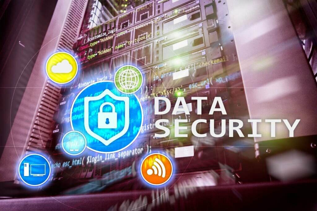 Data security, cyber crime prevention, Digital information protection. Lock icons and server room background