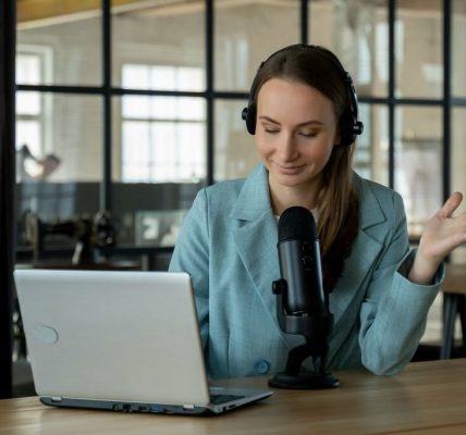 Woman giving business information on podcast